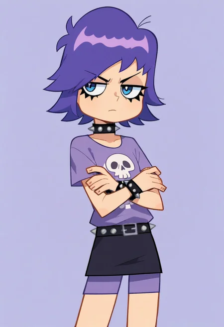 score_9, score_8_up, score_7_up, anime, 1girl, solo, yum1 y0shimur4, purple hair, blue eyes, spiked collar, spiked bracelet, purple shirt, skull print, black skirt, purple shorts, standing, cowboy shot, looking at viewer, expressionless, crossed arms