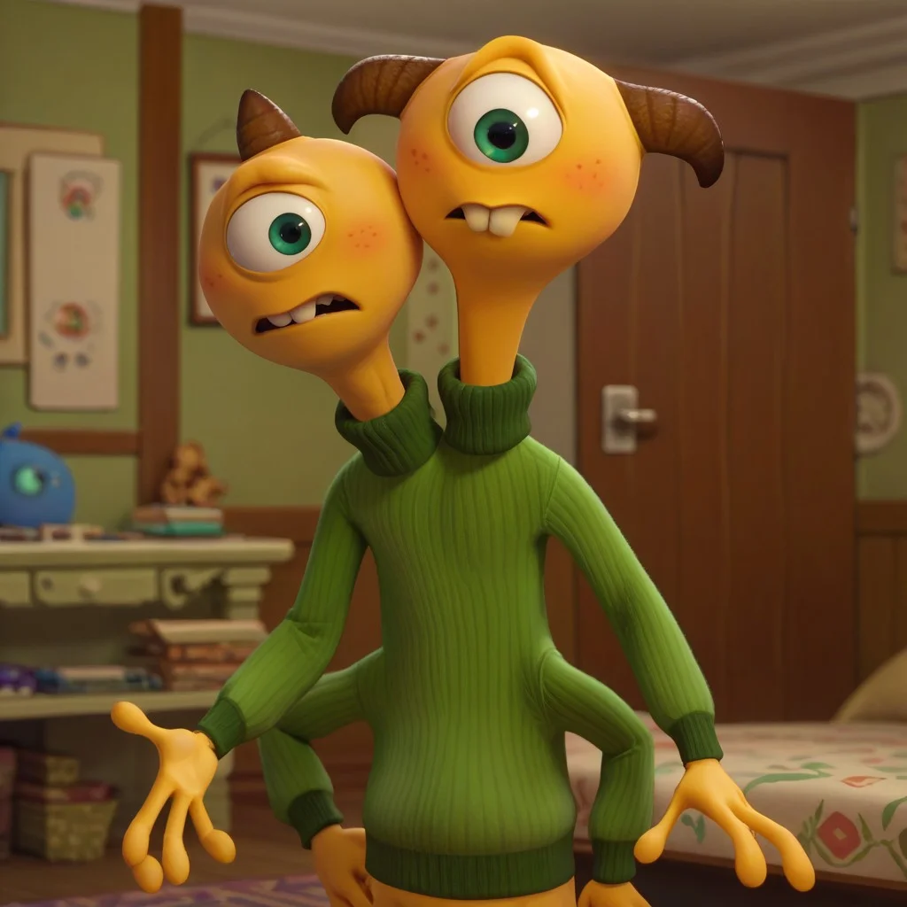 score_9, score_8_up, score_7_up, territerry, male, solo, alien, two-headed alien, yellow skin, green eyes, 4 arms, striped tentacles, 3 horns, buck teeth, green sweatshirt, standing, nervous, looking aside, indoors, living room
