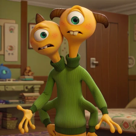 score_9, score_8_up, score_7_up, territerry, male, solo, alien, two-headed alien, yellow skin, green eyes, 4 arms, striped tentacles, 3 horns, buck teeth, green sweatshirt, standing, nervous, looking aside, indoors, living room
