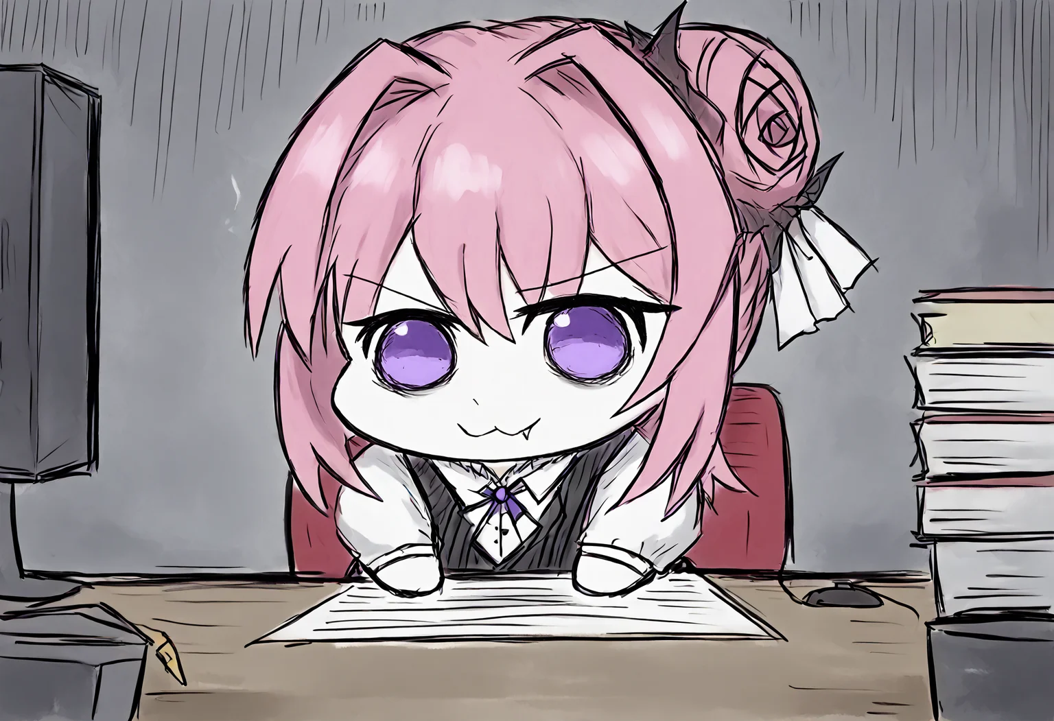 <lora:intricate_details:1> intricate_details_xl, score_9, score_7_up, source_anime, uncensored, zPDXLxxx, office, (grim:1.2), intensive, icon, lower body, eye focus, perspective, <lora:BlackSouls_Style_v1.0:1.2> bs style, sketch
<lora:Doro_X_PDXL_V1:0.6> doro, solo, creature, :3, chibi, pink hair, purple eyes, hair bun, hair bow, no humans, white skin, solid circle eyes, no pupils, four legs