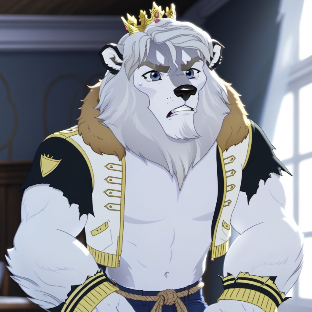 score_9, score_8_up, score_7_up, source:furry, dynamic lighting, detailed background, bedroom background,  anthro, furry, male, 1boi, (headshot), solo, (detailed face, detailed eyes),
BREAK
DCharming_Beast, Daring Charming, Ever_after_high, Beast, Husky-Lion Hybrid, white fur, black nose, blue eyes, gold eyebrows, husky tail, curled tail, huge paws, snout, black ear markings, silver mane, white-and-gray hair, muscular body, torn letterman jacket, letterman jacket, torn clothes, torn jeans, jorts, rope-belt, tied belt, torn sleeves, torn cuffs, crown, huge hands, hairy arms, hand-paws, black claws, black nailpolish, three toes, digitgrade legs
BREAK
Angry, upset, crying
<lora:add-detail-xl:1.5>