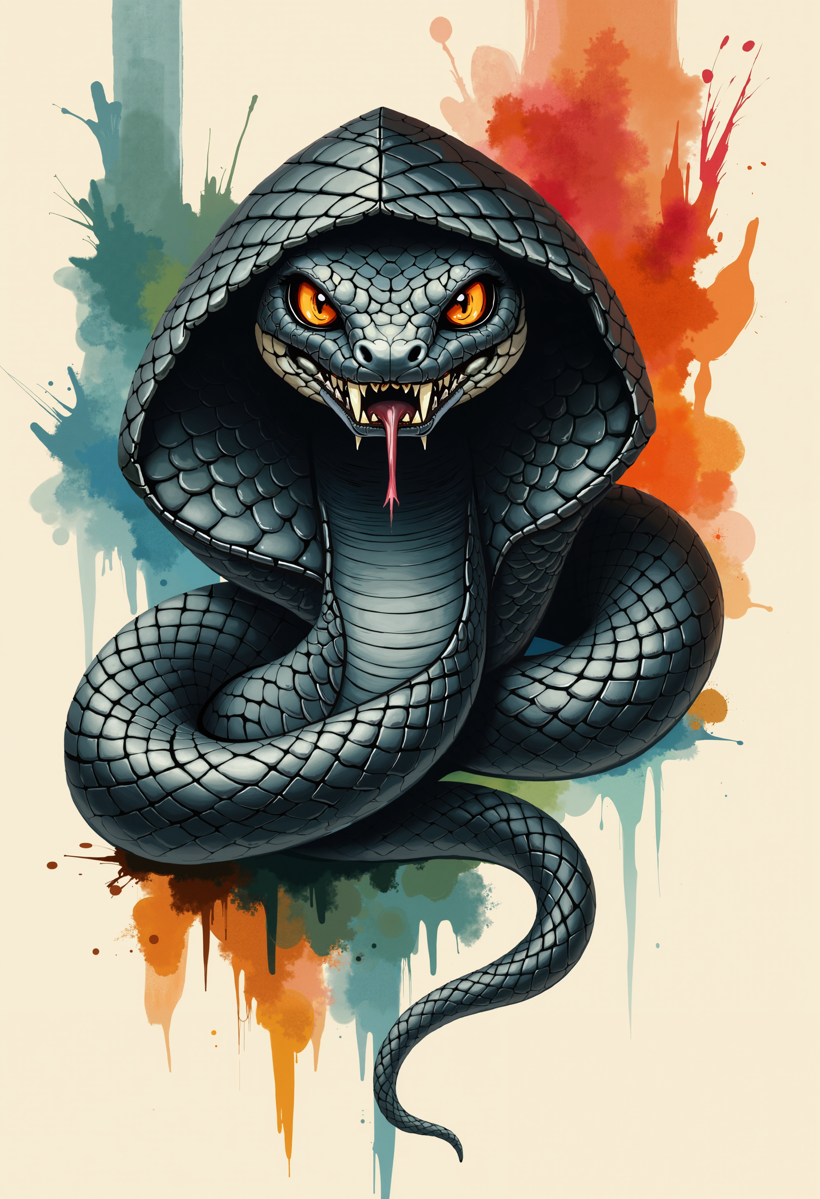 bo-snake, a oil paint on canvas of a world of mystical anime snake, dark fantasy, a digital illustration depicting a striking snake, specifically a cobra, in a vivid, realistic style, the snake is positioned in the center of the image, with its head facing directly at the viewer, its body is intricately detailed, showcasing its dark, textured scales with a glossy, almost black sheen, and its eyes are a striking amber color, giving it a menacing, almost intimidating appearance, the cobra's head is slightly tilted upwards, revealing its sharp, pointed teeth and a wide, toothy grin, its tongue is visible, adding to its menacing expression, the background consists of vibrant, abstract watercolor splashes in shades of blue, green, orange, and red, creating a dynamic and dynamic composition, the colors blend together to create a sense of depth and texture, with the watercolor splashs adding a soft, almost ethereal quality to the illustration, the overall color palette is dominated by the snake's dark grey scales, while the background features a mix of soft, muted hues, enhancing the sense of realism and depth, the illustration is set against a plain, light beige background, making the snake and its surroundings stand out vividly, the image exudes an otherworldly, exotic nature, blending elements of nature and mythology<lora:boFLUX Year of the Snake.safetensors:1.0:1.0>