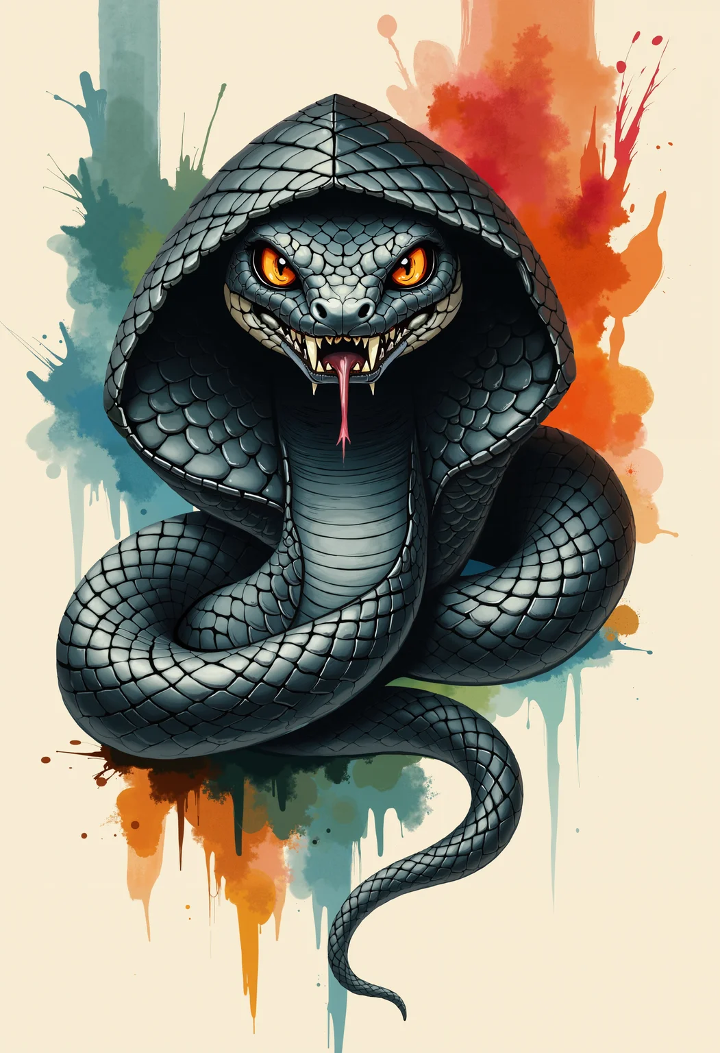 bo-snake, a oil paint on canvas of a world of mystical anime snake, dark fantasy, a digital illustration depicting a striking snake, specifically a cobra, in a vivid, realistic style, the snake is positioned in the center of the image, with its head facing directly at the viewer, its body is intricately detailed, showcasing its dark, textured scales with a glossy, almost black sheen, and its eyes are a striking amber color, giving it a menacing, almost intimidating appearance, the cobra's head is slightly tilted upwards, revealing its sharp, pointed teeth and a wide, toothy grin, its tongue is visible, adding to its menacing expression, the background consists of vibrant, abstract watercolor splashes in shades of blue, green, orange, and red, creating a dynamic and dynamic composition, the colors blend together to create a sense of depth and texture, with the watercolor splashs adding a soft, almost ethereal quality to the illustration, the overall color palette is dominated by the snake's dark grey scales, while the background features a mix of soft, muted hues, enhancing the sense of realism and depth, the illustration is set against a plain, light beige background, making the snake and its surroundings stand out vividly, the image exudes an otherworldly, exotic nature, blending elements of nature and mythology<lora:boFLUX Year of the Snake.safetensors:1.0:1.0>