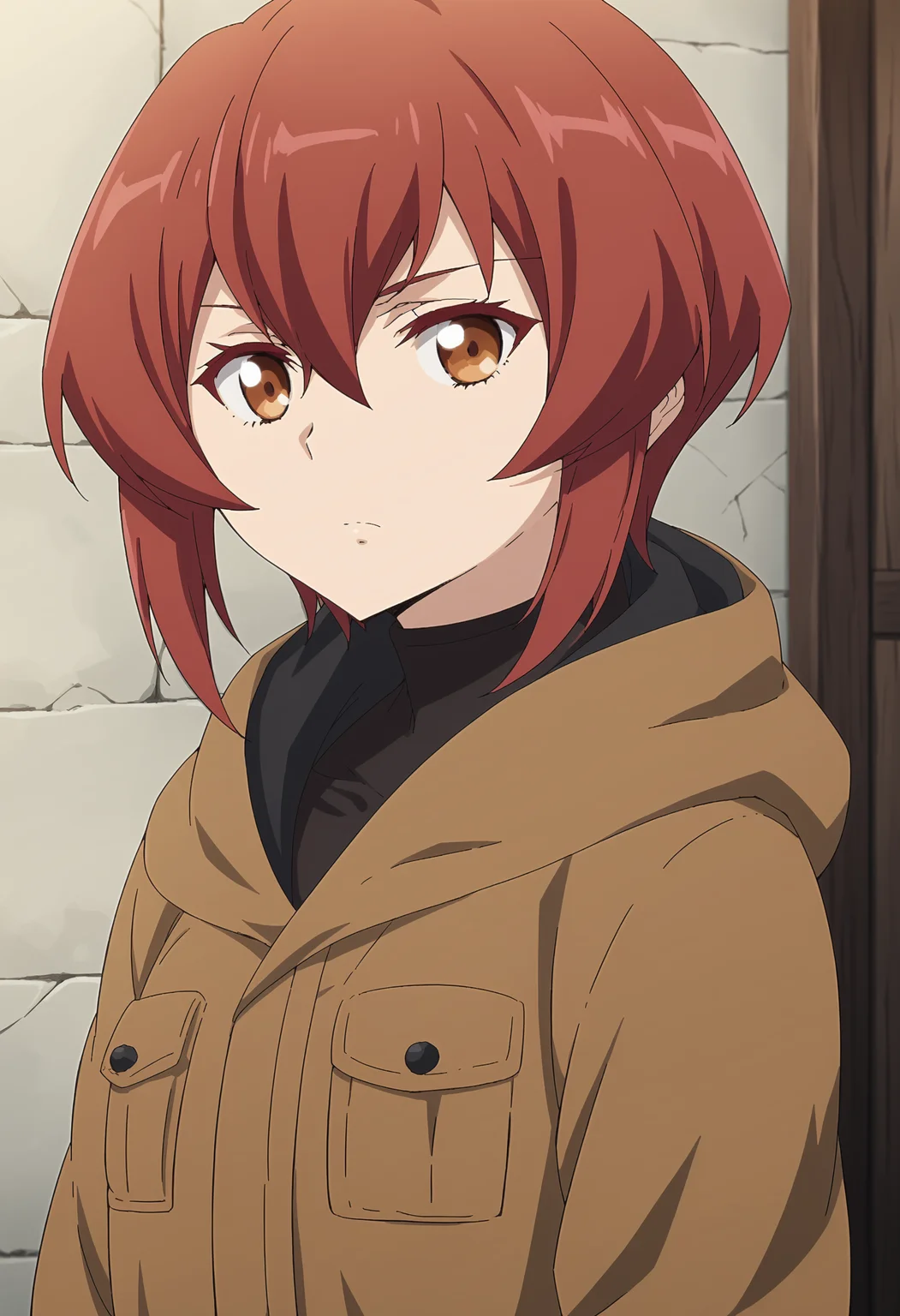 EBKurena, 1girl, solo, looking at viewer, short hair, hair between eyes, brown eyes, closed mouth, upper body, red hair, hood, coat, bandages, expressionless, pocket
<lora:xl_more_art-full_v1:0.8>, <lora:KurenaKukumila-08:1>
