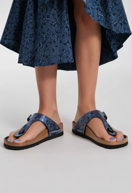 1girl, solo, simple_background, white_background, gizehonfeet, blue_toenail_polish, close-up, lower_body, footwear_focus, patterned, long_skirt