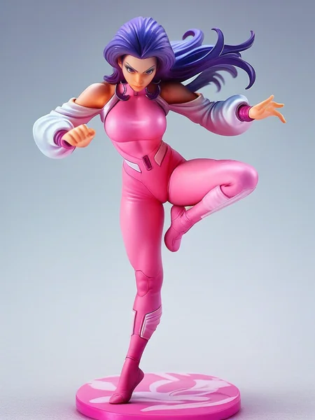 score_9, score_8_up, score_7_up, 1girl, fighting stance, sexy pose, full body, (dynamic pose:1.1), dynamic angle, simple background, one leg up,
<lora:APsylockePink_character:0.8>, PsylockeXL, purple hair, purple eyes, long hair, clothing cutout, shoulder cutout, detached sleeves, pink bodysuit, makeup, bodysuit, <lora:Anime_Figure_P1:1> figure