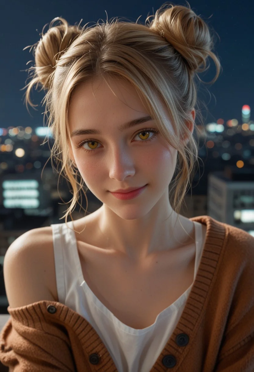 score_9_up, score_8_up, score_7_up, score_6_up, 1girl, 25 years old, perfect face, (adult), sexy,
detailed face, portrait, face focus, depth of field, looking at viewer, blush, shy smile, close up,
yellow eyes,
blonde hair, hair bun, double bun, messy hair,
white shirt, brown cardigan, off shoulder, night, city view,