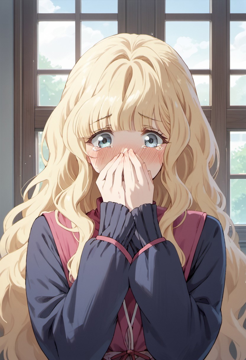 score_9, score_8_up, score_7_up, source_anime, elianna bernstein, blonde hair, long hair, blue eyes, 1girl, solo, covering mouth, tears, anime coloring, blush, hand over own mouth, long sleeves, window