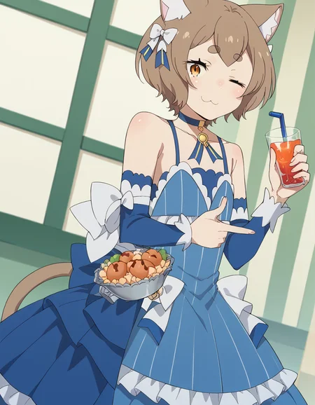 score_9, score_8_up, score_7_up, source_anime, <lora:felix-argyle-s3-p1-ponyxl-lora-nochekaiser:1>, felix argyle, short hair, bangs, brown hair, bow, animal ears, hair bow, male focus, cat ears, eyelashes, bob cut, thick eyebrows, white bow, otoko no ko,, dress, bare shoulders, collarbone, jacket, tail, pantyhose, detached sleeves, choker, striped, blue dress, vertical stripes, crossdressing, frills, skirt,, izakaya, drinks, food, stools, social, , <lora:double-finger-gun-ponyxl-lora-nochekaiser:1>, double finger gun,, blush, smile, one eye closed, from side, looking at viewer, solo,, dutch angle, cowboy shot