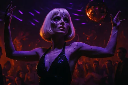 cinematic still, Elvira Hancock in the Scarface sequel’s Hell, the Gilded Phantom, platinum bob glowing under flickering violet strobes, black sequin halter dress clinging to her in mid-twirl as her porcelain skin cracks like porcelain, arms lifted in a slow, ritualistic waltz, upper body close-up, low-angle tracking shot, background a swirling mass of demon partygoers frozen in unsettling poses beneath a melting disco ball, mood of ecstatic decay and surreal performance, strobe-lit shadows slicing across her face, color palette of electric purple, ember orange, and obsidian black, style reference: The Neon Demon’s neon-soaked horror and Scarface excess
