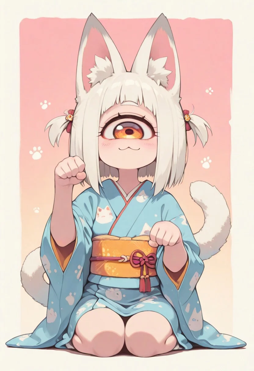 1girl , female , solo , voluptuous , mono-eye , one eye , cyclops girl , cute , :3 , booom , paw pose , kimono ,
masterpiece, best quality ,amazing quality ,S4bit4mago_illu , xxx667_illu ,anime style ,in the style of Jeda,vibrant colors,