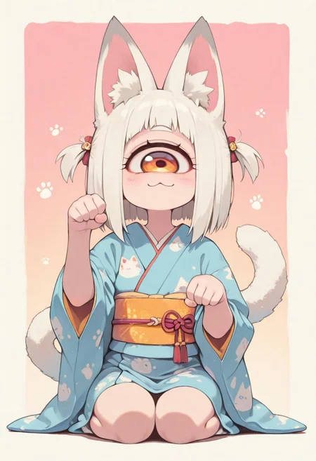 1girl , female , solo , voluptuous , mono-eye , one eye , cyclops girl , cute , :3 , booom , paw pose , kimono ,
masterpiece, best quality ,amazing quality ,S4bit4mago_illu , xxx667_illu ,anime style ,in the style of Jeda,vibrant colors,
