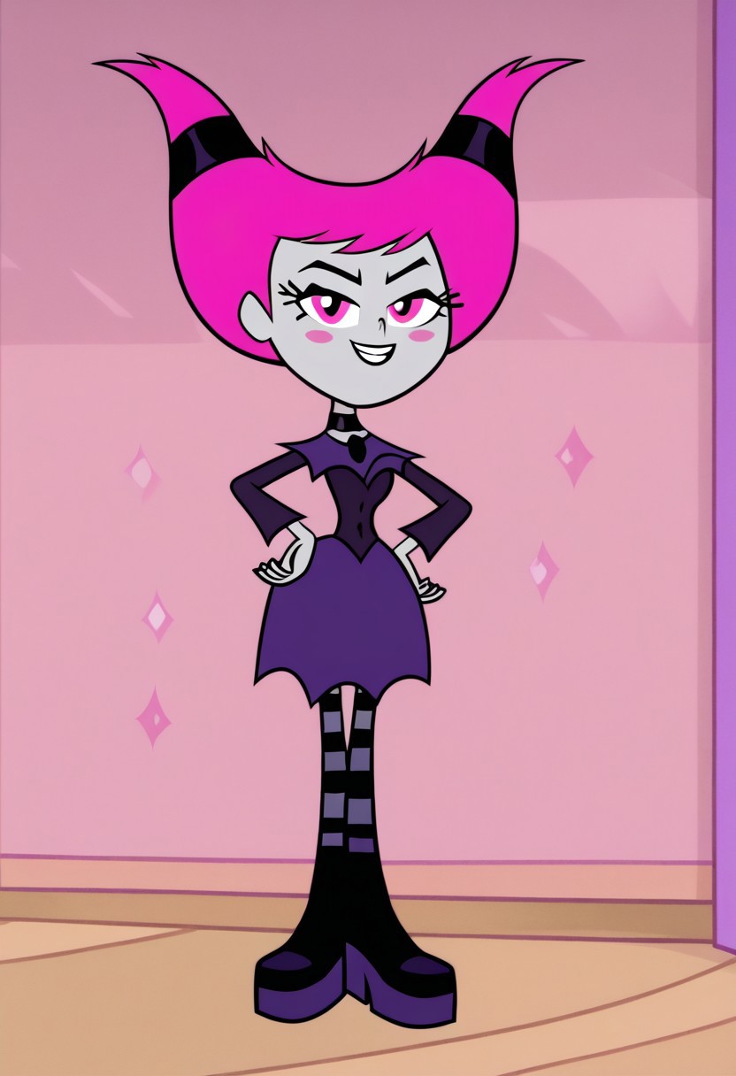 easynegative, show_accurate, accurate to show, official style, amazing quality, best quality, high quality, masterpiece, Jinx, Jinx (/titans go), jinxttg, grey skin, colored skin, pink hair, pink eyes, perfect eyes, dress, cleavage, huge breasts, huge ass, fat ass, wide hips, thick thighs, bottom heavy, seductive smile