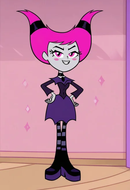 easynegative, show_accurate, accurate to show, official style, amazing quality, best quality, high quality, masterpiece, Jinx, Jinx (/titans go), jinxttg, grey skin, colored skin, pink hair, pink eyes, perfect eyes, dress, cleavage, huge breasts, huge ass, fat ass, wide hips, thick thighs, bottom heavy, seductive smile