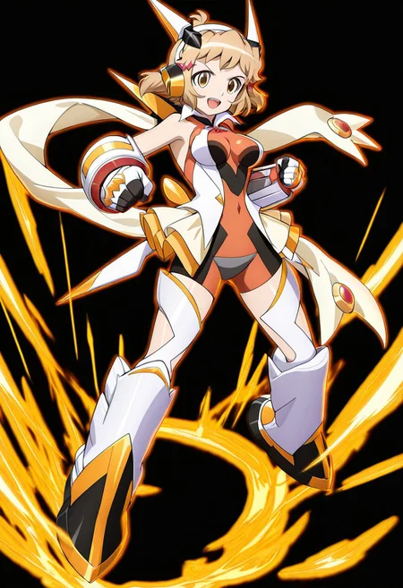 masterpiece, best quality, amazing quality, very aesthetic, absurdres, newest,shiny skin,, anime screenshot, anime coloring, 1girl, solo, 1girl, solo, SymphoBikkie, blonde hair, fluffy hair, yellow eyes, short hair, red hair clip, red symphogear necklace, orange and black_gng_shirt, orange and black gng_headgear, gold and white gng_bow, white gng_collar, bare shoulders, white gng_jacket, sleeveless jacket, orange and black gng_bike_shorts, black crotch plate, white and yellow gng_waistcape, white and gold gng_gauntlet with red trim, white gloves with black fingers, white and yellow gng_thighstraps, white and black gng_boots with yellow highlights, gng_scarf, yellow and white gng_back_neck_bow with black trim, simple background, black background, open mouth, powering up, clenched hands, looking at viewer, xdive, smile, Full body,