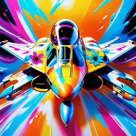 Jed-CyFut, masterpiece, full of details, positive emotional, Jed-Gr4ff1t1,wallpaper enginge, <lora:GraffitiStyle-000003:0.7>, <lora:CyberFuturisticStyle:0.7>, fingerpaint artwork of a X-Wing, Simple, Floral motives, bold colors, perfect symmetry, magic atmosphere, intricate detail, gorgeous, beautiful, cinematic light, surreal, deep aesthetic