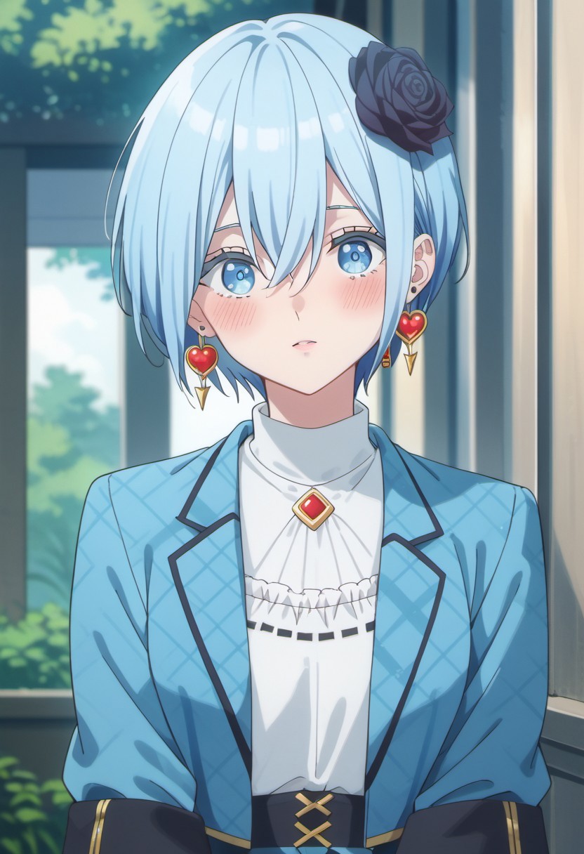 score_9, score_8_up, score_7_up, source_anime, nonoa, blue hair, blue eyes, short hair, 1girl, solo, jewelry, hair ornament, flower, earrings, hair flower, blush, jacket, shirt, looking at viewer, hair between eyes, rose, white shirt