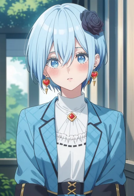score_9, score_8_up, score_7_up, source_anime, nonoa, blue hair, blue eyes, short hair, 1girl, solo, jewelry, hair ornament, flower, earrings, hair flower, blush, jacket, shirt, looking at viewer, hair between eyes, rose, white shirt