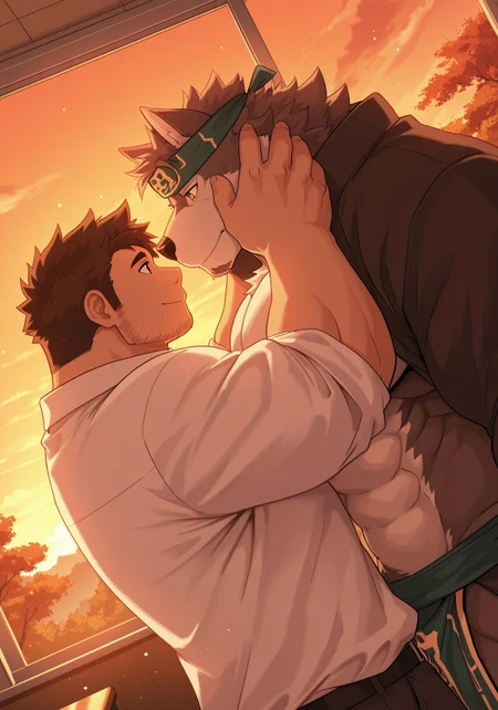 3ch1n, k0k0b001ll, 2boy, male, male focus, bara, ((masculine)), HorkeuKamui, wolf, brown and white fur, furry, yellow eyes, muscular, broad shoulders, thick thighs, huge pecs, headband, jacket over shoulders, pelvic curtain, shirtless,
BREAK
Human, Housamo protagonist, short brown hair, stubble, muscular, large pecs, white button up shirt,
embracing, in classroom, hands on each others face, looking at each other, size difference,
day, sunset, autumn, Japanese classroom, large windows, soft shadows, rays of light, dust particles, contrast, (((dutch angle))), close up view, face focus, upper body only, foreshortening, creative angle,
masterpiece, best quality, absurdres, very aesthetic
