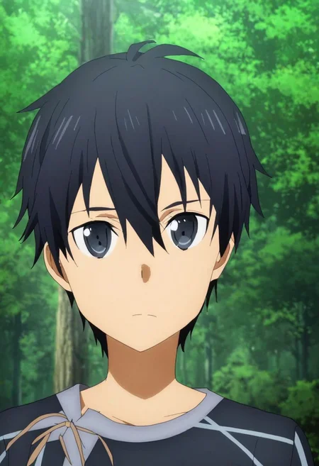 high resolution, solo, best quality, 1Boy, Kazuto Kirigaya, Black Hair, Black Eyes, forest, camping, OverallDetail