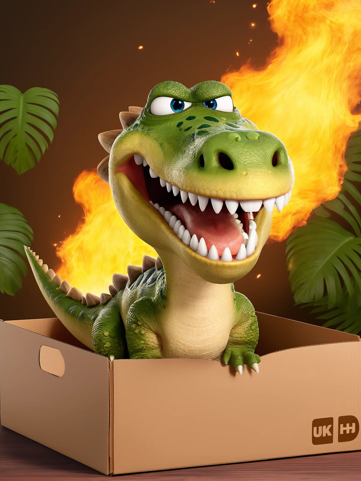 best quality, masterpiece, raw photo, 8k,uhd,cartoon, TSLoP,a cute dinosaur is inside the box,fire on the open mouth, <lora:TSLoP:0.8>