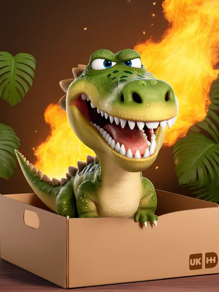 best quality, masterpiece, raw photo, 8k,uhd,cartoon, TSLoP,a cute dinosaur is inside the box,fire on the open mouth, <lora:TSLoP:0.8>