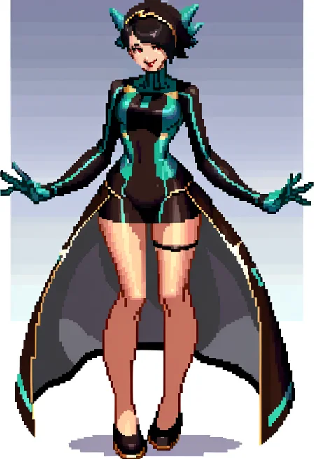 score_9, score_8_up, score_7_up, source_anime, BREAK, solo, 1girl, smile, looking at viewer,  <lora:KOF-XIII-Sprite-Style-pdxl_Fp:1>, simple background, full body, pixel art, standing, <lora:zs_PanagiaYokoXL:0.8>, panagiayokosmtvv, short hair, black hair, swept bangs, headband, red eyes, red lipstick, turtleneck, bodysuit, skirt, green gloves, thigh strap,