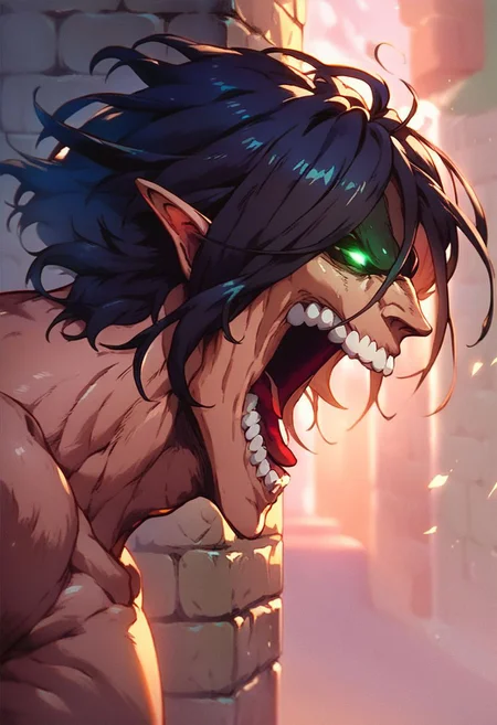 (score_9, score_8_up, score_7_up:1.3)source_anime,(rating_questionable),( Xerenx :1.0),( standing peeking over a very high wall:1.0), green ligthings eyes,screaming,( full body :0.5)