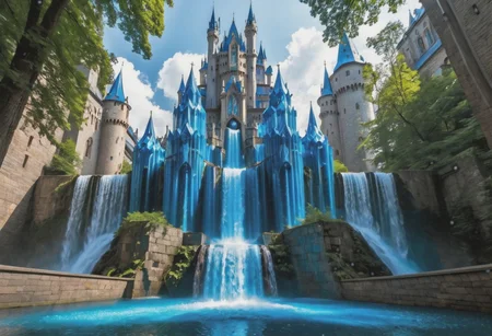 a castle magically floating in the sky, a waterfall flows from the castle to the ground, sharp faceted blue crystals decorate the castle, looking up from the ground view, see the underside of the castle