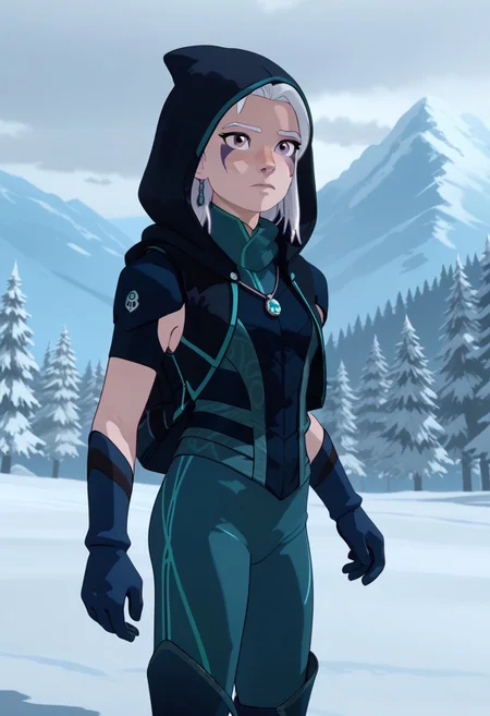 Score_9, Score_8, Score_7, TDPStyle, solo, outside, winter, Rayla, White Hair, RayFacepaint, Colored Skin, gloves, solo, Raybodysuit, Hooded