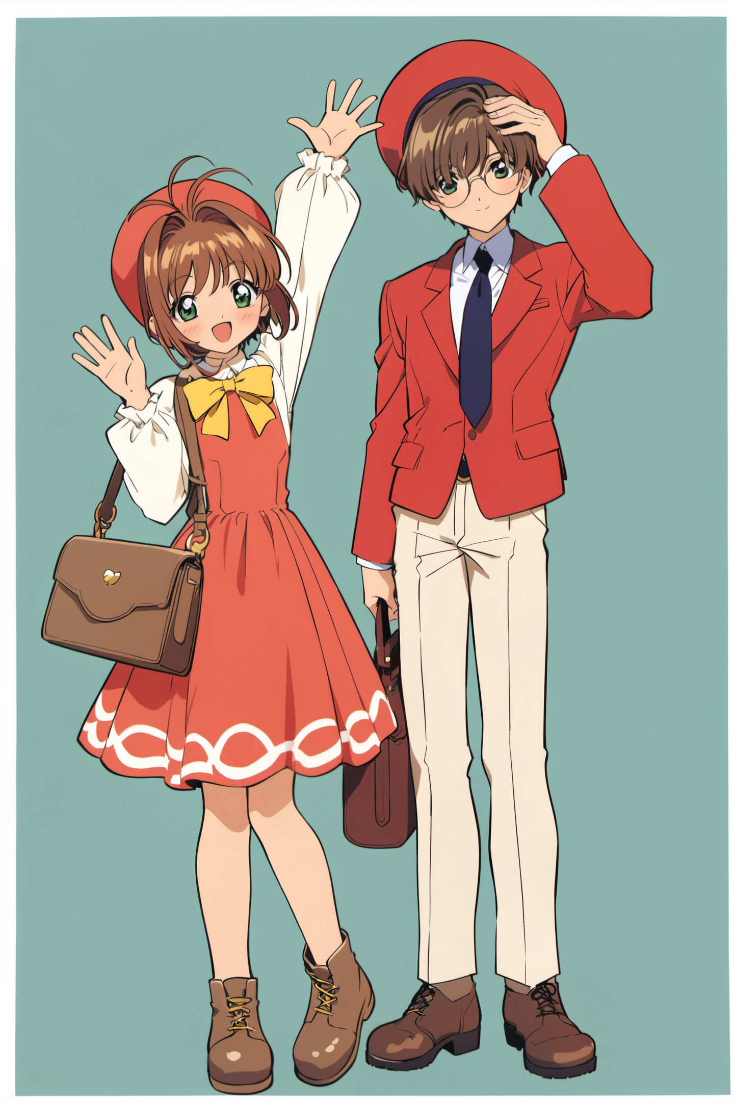 1girl, 1boy, glasses, brown hair, bag, hat, jacket, smile, long sleeves, open mouth, waving, :d, short hair, blush, brown footwear, looking at viewer, white background, bangs, bow, dress, green eyes, shoulder bag, antenna hair, red headwear, simple background, grey hair, boots, red dress, yellow bow, kinomoto sakura, black eyes, border, handbag, bowtie, hand up, hair between eyes, full body, round eyewear, closed mouth, necktie, shirt,<lora:Card Captor Sakura Anime_XL:0.8>
