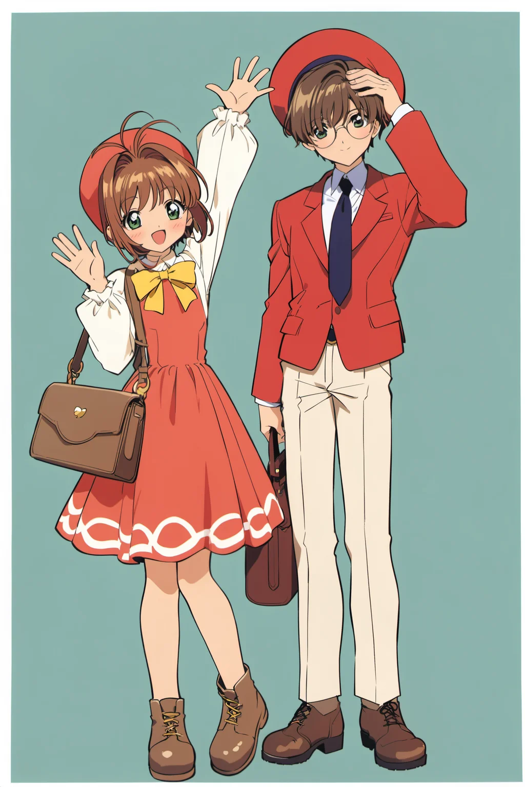1girl, 1boy, glasses, brown hair, bag, hat, jacket, smile, long sleeves, open mouth, waving, :d, short hair, blush, brown footwear, looking at viewer, white background, bangs, bow, dress, green eyes, shoulder bag, antenna hair, red headwear, simple background, grey hair, boots, red dress, yellow bow, kinomoto sakura, black eyes, border, handbag, bowtie, hand up, hair between eyes, full body, round eyewear, closed mouth, necktie, shirt,<lora:Card Captor Sakura Anime_XL:0.8>
