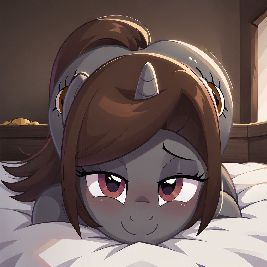 masterpiece, best quality, perfect detail, score_9, score_8_up, score_7_up, rating_suggestive, 1girl, source_cartoon, oc:sonata, pony, G4, female, show accurate, (inside bedroom), bed, on bed, solo, sexy, beautiful, tail, lying on bed, butt, butt sticking out, exposed butt, ass up face down, pov, in heat, looking at you, smiling, closed mouth, lidded eyes, head facing you, head on