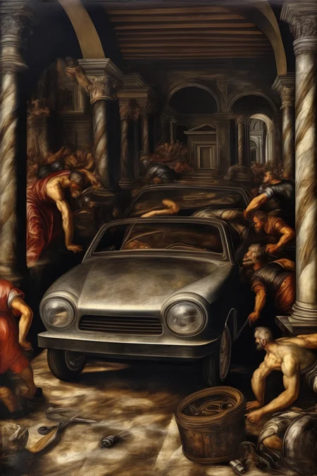 <lora:Tintoretto Style:1>Tintoretto Style - reate an ancient painting in Tintoretto syle, that depict a car in the garage