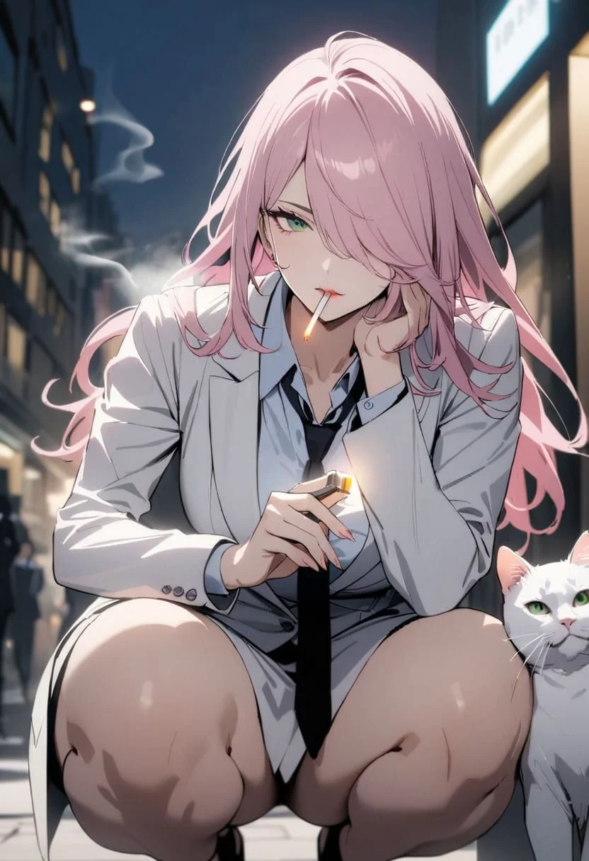 1woman, solo,  long hair, pink hair, black choker, green eyes, one eye covered by hair,  eyeliner,  gorgeous lips, white suit, tie, office lady,  squats, strokes the cat, looks at the cat, white cat, Street
 <lora:sm0k1ngXL:0.6> sm0k1ng, smoking, holding lighter, lighting cigarette, night, face lit by lighter, cinematic, (masterpiece), (best quality), (ultra-detailed), very aesthetic, illustration, perfect composition, intricate details, absurdres