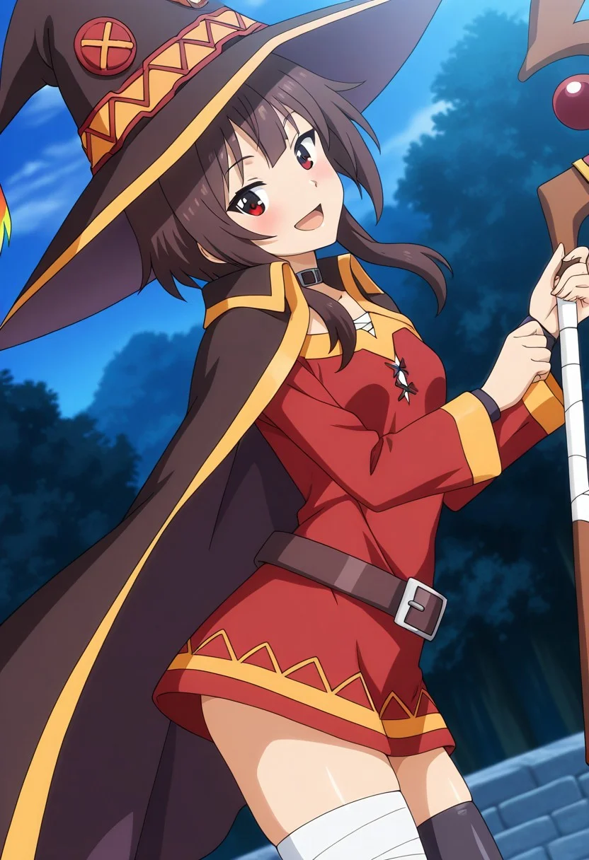 masterpiece, best quality, amazing quality, very aesthetic, absurdres, highres, ultra-detailed, t-rex_studio_animation_style, anime screencap, anime coloring, BREAK 
1girl, solo, megumin, short hair with long locks, brown hair, red eyes, small breasts, black hat, red dress, black cape, belt, single thighhigh, bandaged leg, holding staff,
BREAK looking away, head tilt, blush, smile, open mouth, from side, sexy pose, dynamic angle, outdoors, cowboy shot,