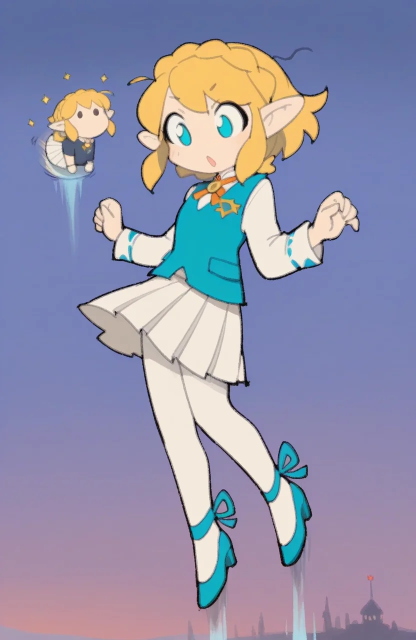 1girl, solo, <lora:TemmieChang:1> tmchng, levitation, floating, motion blur, sky, in the air, awe-inspired expression,
<lora:Zelda-IL-v2:0.5>, ChopioZelda, blonde hair, aqua eyes, pointy ears, short hair, crown braid, sidelocks, hotel staff uniform, vest, pleated skirt, white pantyhose, heels, ribbon brooch, chibi, extremely detailed, highres, masterpiece, best quality