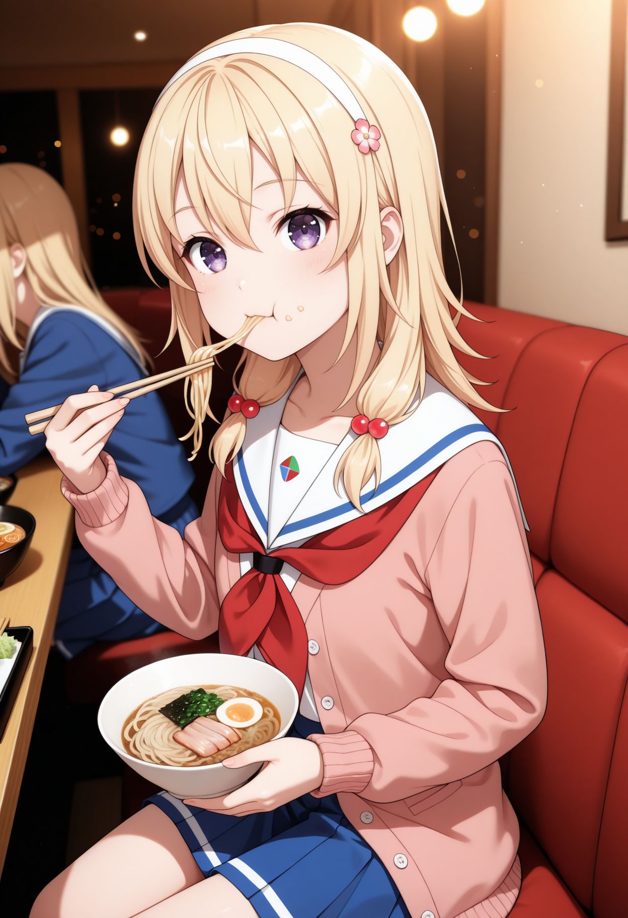 masterpiece,best quality,absurdres,highres,very aesthetic,high quality,detailed,insanely detailed,beautiful,perfect lighting, ,depth of field,blurry background,bokeh, looking at viewer, 
<lora:Reo Wakasa illu:1> 1girl, blonde hair, purple eyes, hair ornament, hairband, long hair, hair bobbles, pink cardigan, red neckerchief, serafuku, blue skirt
holding chopsticks, food on face,  eating, noodles, solo focus, holding bowl, looking at viewer, indoors, ramen, sitting,
