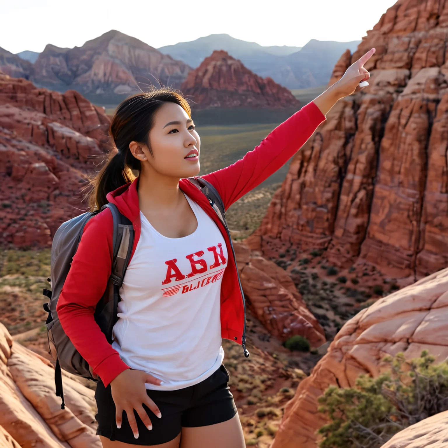 (film stock footage style,:1.2) (detailxl:1.2), cinematic shot of a 19 year old asian woman, (very slightly chubby:1.2), (wearing summer hiking clothes:1.1), (posing triumphantly on top of a cliff in the mojave desert:1.1), red rocks and sandy desert in the background, cinematic lighting <lora:Mojave_Desert_LoRAXL:0.75> <lora:skin texture style v4:0.45> <lora:real-humans-PublicPrompts:0.6> <lora:detailxl:0.8> <lora:Film Stock Footage Style:0.8>