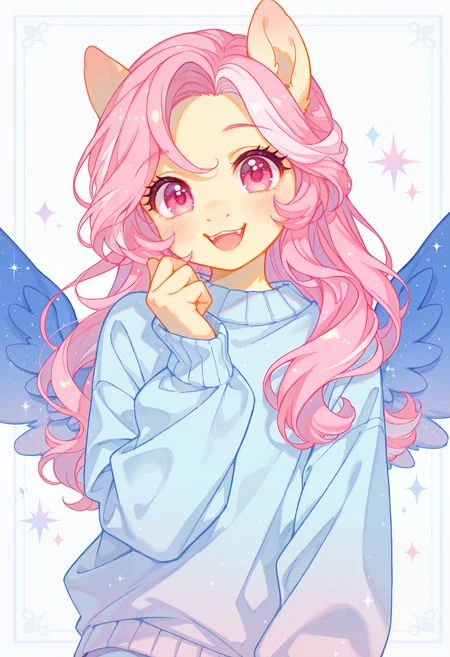(incredibly_absurdres, amazing_background, best quality, pastel_colors, bright_colors, colorful, soft_colors, sparkle, shiny, glowing, fantasy, star_(symbol), detailed_background, detailed_eyes, stylized, watercolor_(medium))
(SNRA-Illu, white_border, 1girl, wings, pink hair, solo, pony, open mouth, multicolored hair, long hair, sweater, smile, white background, simple background, long sleeves, pink eyes, blush, furry, fangs, furry female, streaked hair, upper body, looking at viewer)
