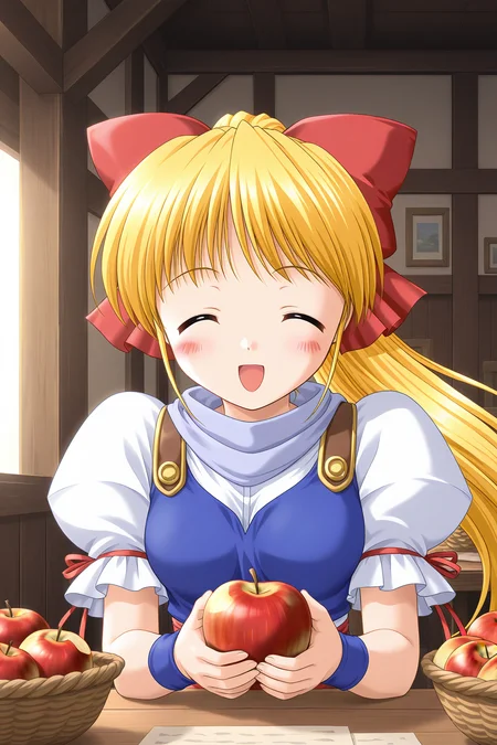 masterpiece, best quality, absurdres, official art, official style, rating general BREAK <lora:leticiaapple_IL_v1-1:0.7>, leticia apple, 1girl, solo, blue eyes, blonde hair, very long hair, high ponytail, small breasts, hair bow, large bow, red bow, casual, light purple scarf, blue tank top, white shirt, puffy short sleeves, red ribbon, arm ribbon, wristband, red sash, indoors, basket, apple, table, upper body, portrait, close-up,
blush, :d, ^o^, blush stickers, closed eyes, facing viewer, happy, open mouth, smile