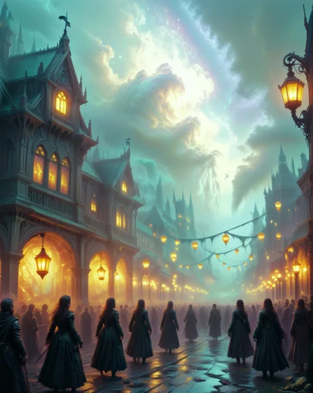 dark fantasy atomic-bloom lanterns, Victorian jade inlays, nanoweave suspension nets in, digital-realm grids, Gothic Revival x Prehistoric shell textures style, void-wind particle streams,Nacreous night: Mother-of-pearl clouds glowing with forbidden colors,
random crowds of passers-by in landcscape,
<lora:ral-dark-fantasy-il:1>,eldritch horror,
<lora:extremely_detailed:0.5> extremely detailed,
<lora:DetailMaximizer:0.3>,
<lora:Dream Scenery XL:0.3> Dream Scenery,
<lora:add-detail-xl:0.5>,
detailxl