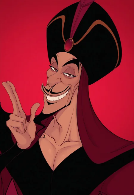 solo, masterpiece, modern, new, 1boy, male, masculine face, daddy looking face, w0lfc0nf

DisneyJafar, hat, mustache, facial hair, cape, black robes, looking at viewer, smiling