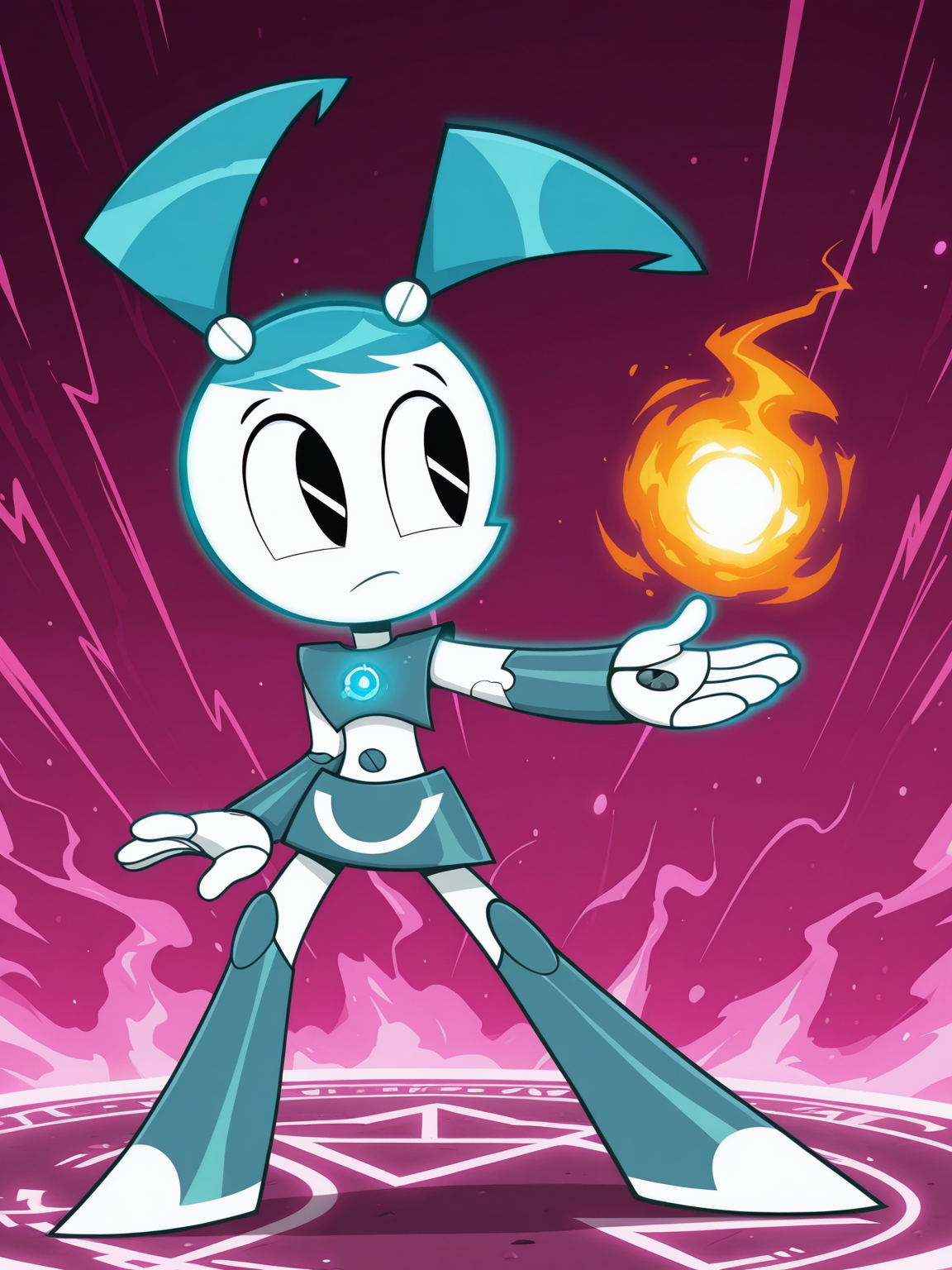 <lora:XJ-9IL:0.7> x_j_9, 1girl, robot, white skin, blue hair, twin tails hair, black eyes, no nose,
magic, magic robe, steel armor,glowing liens, fireball, action, full body, glowing background, magic background