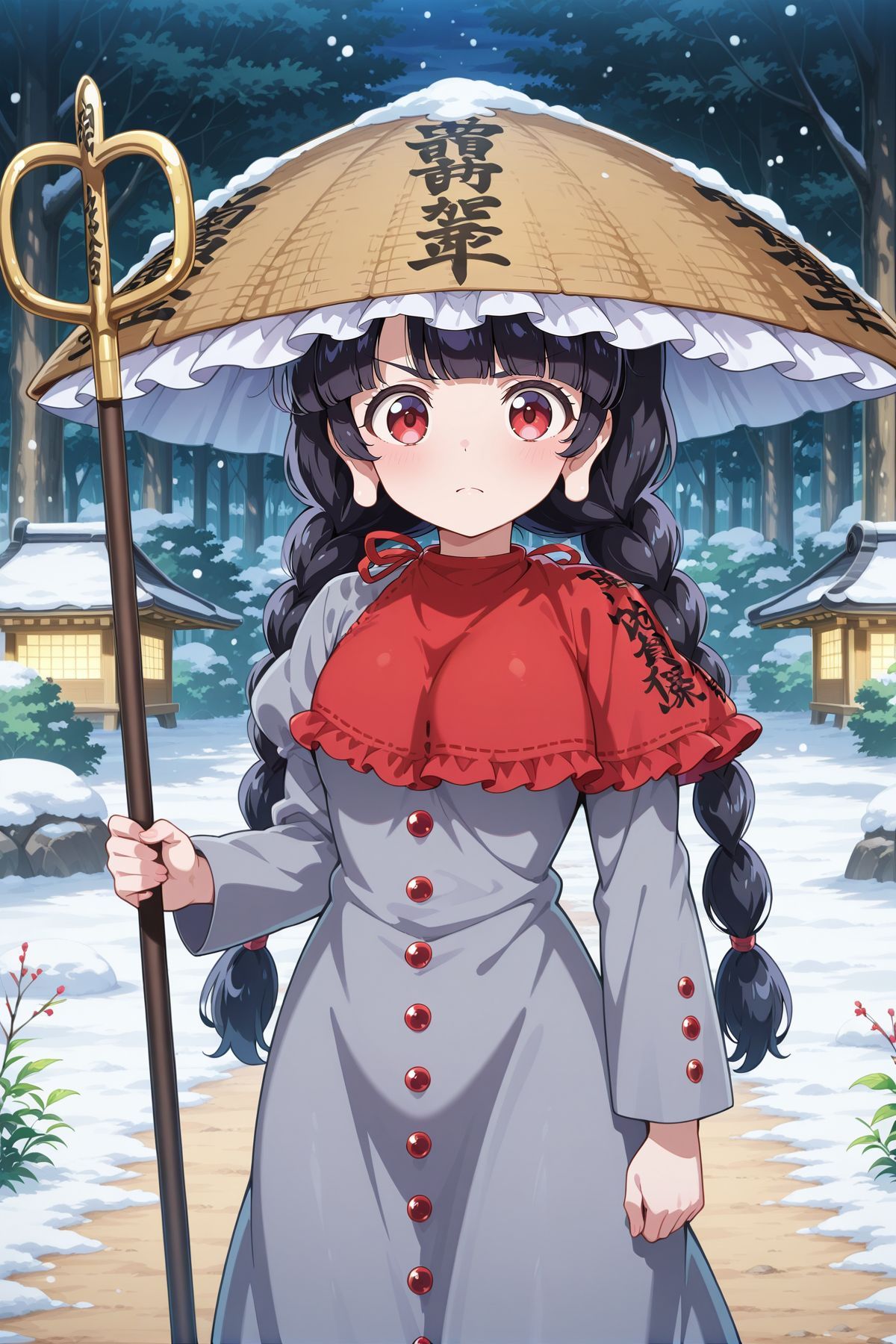 absurdres, highres, masterpiece, best quality, amazing quality, official anime artwork, screencap, anime screencap, snow, serious, dynamic pose,
<lora:Narumi-Yatadera_Illustrious:1> yatadera narumi, 1girl, solo, red eyes, black hair, long hair, twin braids, blunt bangs, long earlobes, small breasts,, brown hat, frilled hat, ajirogasa, red capelet, grey dress, long sleeves, clothes writing, holding staff, shakujou,