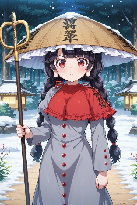 absurdres, highres, masterpiece, best quality, amazing quality, official anime artwork, screencap, anime screencap, snow, serious, dynamic pose,
<lora:Narumi-Yatadera_Illustrious:1> yatadera narumi, 1girl, solo, red eyes, black hair, long hair, twin braids, blunt bangs, long earlobes, small breasts,, brown hat, frilled hat, ajirogasa, red capelet, grey dress, long sleeves, clothes writing, holding staff, shakujou,