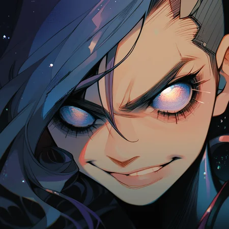 score_9, score_8_up, score_7_up, score_6_up, score_5_up, score_4_up, 1girl, close-up, asymmetrical hair, (curly hair:.7), detailed eyes, galaxy eyes, neon eyes, smirk, <lora:Sinozick_Style_XL_Pony:.65> sinozick style, flat colors, dark theme, <lora:amazuyu-tatsuki-Style-PonyXL-000050:.7> <lora:Vivid_Neon_Mess_Style_PONY:.3>
