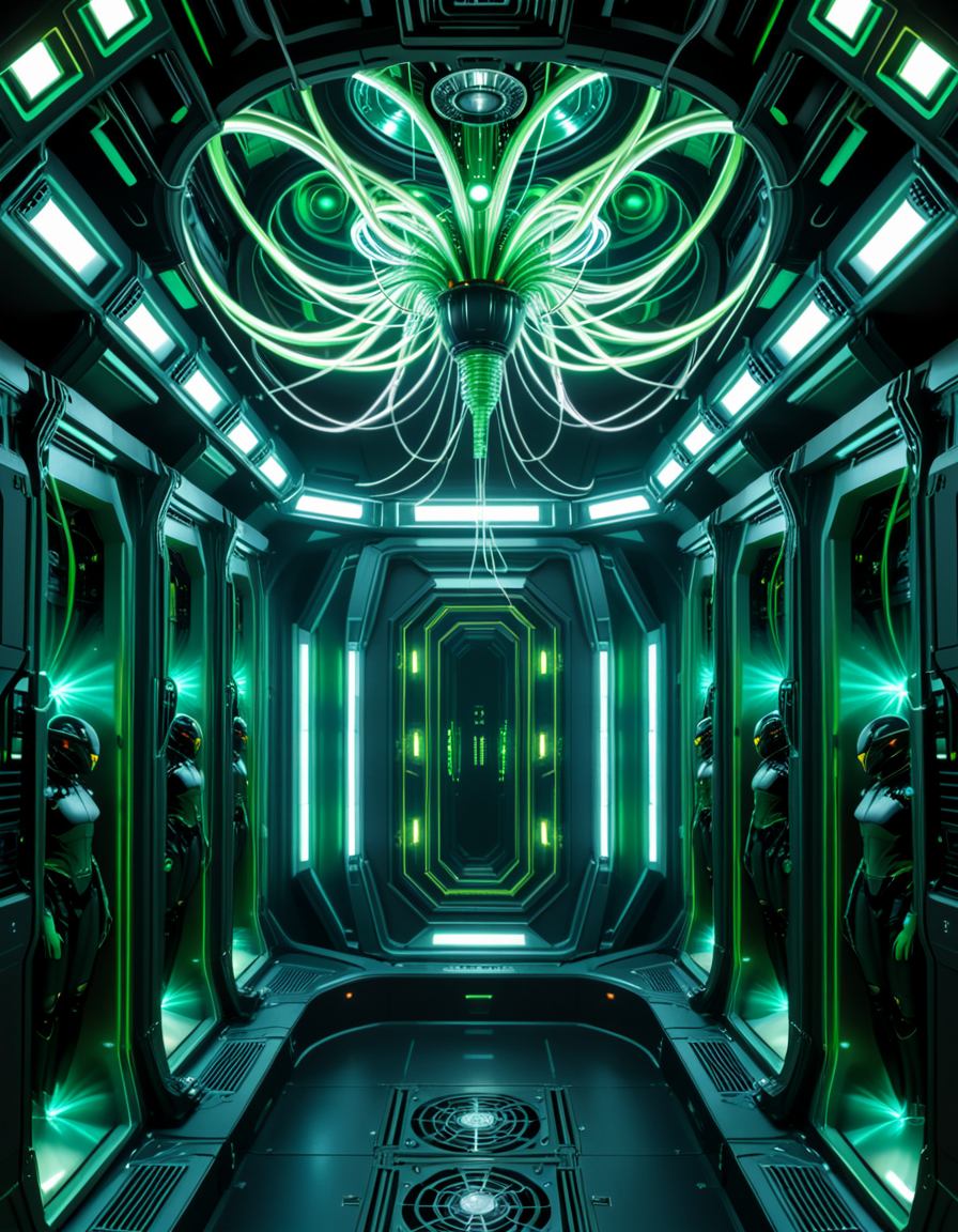 A dark, oppressive regeneration chamber deep within a Borg vessel â a biomechanical environment where drones return to recharge and interface with the collective. The chamber is dimly lit with pulsating green and white lights that flicker through dense shadows. The walls are lined with vertical alcoves, each containing a Borg drone standing motionless, plugged into the system via biomechanical tendrils, tubes, and neural interfaces embedded into their bodies.
The surfaces of the room are a fusion of metallic plating, organic texture, and cybernetic growths â as if the ship itself is alive, constantly shifting and adapting. Steam hisses softly from vents near the floor, and faint mechanical whirring echoes through the chamber. Fiber optic cables pulse with data transmissions, running across the ceiling like glowing veins. 
Above, a central neural conduit hangs like a mechanical spine from the ceiling, branching out and connecting to each alcove, feeding the collective hive mind with real-time information. The atmosphere is cold, sterile, and unnervingly silent â a place devoid of individuality, where only the will of the collective exists. There is no comfort here, only efficiency, order, and total control. 
<lora:SDXLFaeTastic2400:0.4> <lora:extremely_detailed:0.4> extremely detailed,<lora:borg_recharge_ch4mb3r:1>,borg recharge ch4mb3r, Masterpiece,best quality,hi res,8k,hi res,8k,award winning,(sharp focus, intricate, highly detailed),