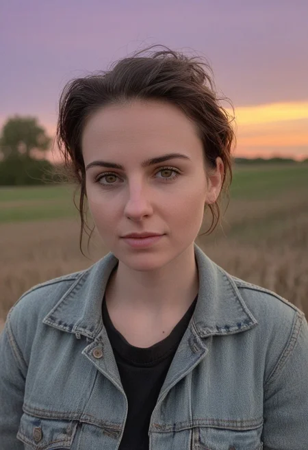30yo american woman in a wheat field
Small eyes. Brown eyes.
Wearing ripped Denim jacket
no makeup. Clear skin.  realistic skin style
Long dark black slick back hair. No makeup. Dusk, Street light. Looking at camera POV. Slight smile, tilting head.. Tilt head. Hands in head, face, lips.
Medium Close Up shot. Bokeh. Bokeh light. Sunset. yellow, purple sky.