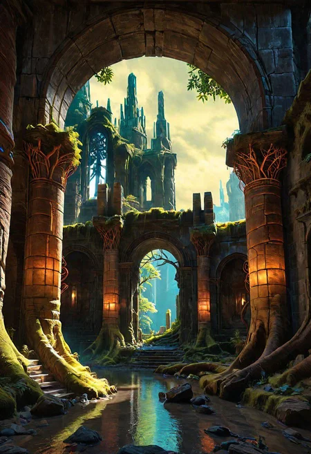 Octane render, hyper realistic wood stone and glass textures, Fantasy masterpiece, dark vaporwave color palette, group of beautiful adventurers exploring ancient ruins, ornate gothic archways, richly colored stained glass windows, thick twisting tree roots growing in through the walls, masterpiece, sci-fi painting, dramatic lighting, winding cavernous Cyberpunk labyrinth, tunnels lined with pipe work and wires, drab graffitied concrete illuminated by the soft glow of neon lighting